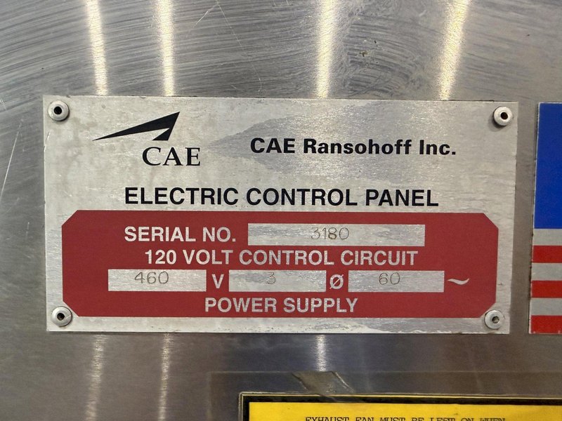 24" WIDE x 8" HIGH CAE RANSOHOFF 4-STAGE STAINLESS STEEL BELT CONVEYOR PARTS WASHER, WITH RUST INHIBITOR APPLICATION: YOBRO #25378