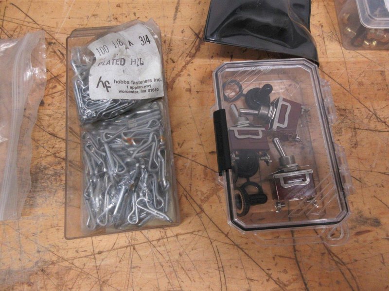 Assorted Hardware Sets, Cotter Pins, Brake Fittings, Lynch Pins, Battery Hydrometer, On/Off Switches- Auction Item