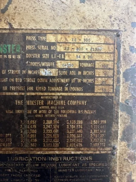 MINSTER 300 TON "HEVISTAMPER" 54X36 SSDC PRESS, S/N E2-300-21320, STOCK#...