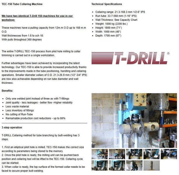 6-3/4" T-DRILL MODEL #T-150 PIPE COLLARING MACHINE WITH T-DRILL EC-150 END PROCESSING ATTACHMENT: STOCK #15864