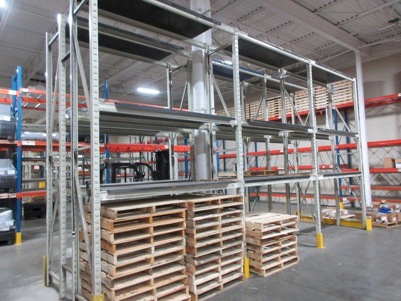 Pallet Racking Back to Back, Tab and Slot Style (8) 14'x32" Uprights, (18) 8' Shelves with Steel Plate Decking, *No Contents*- Auction Item
