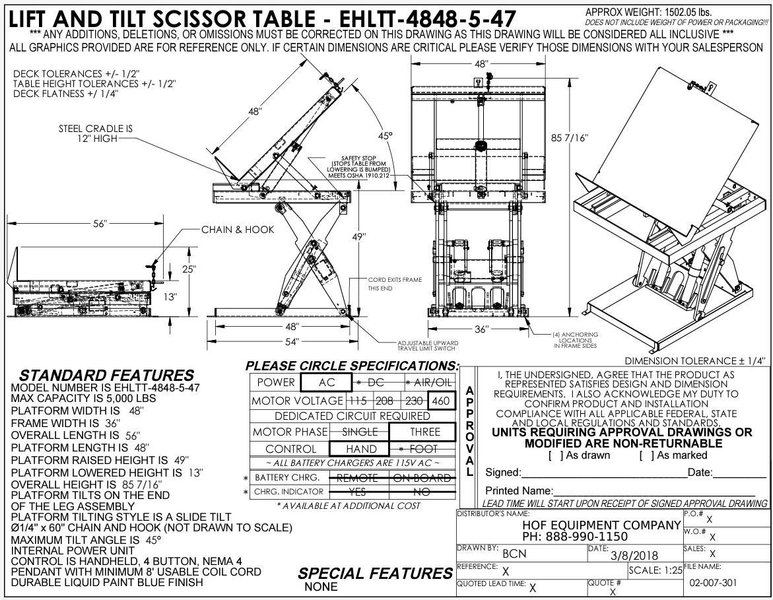 5,000 LB VESTIL MODEL #EHLTT-4848-5-47 HYDRAULIC LIFT AND TILT SCISSOR TABLE: STOCK #20544