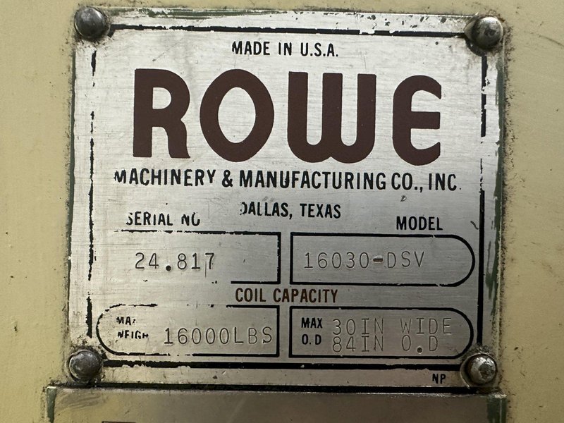 16,000 LBS X 30&quot; X 84&quot; OD ROWE MODEL #16030-DSV MOTORIZED COIL REEL UNCOILER: STOCK #22333