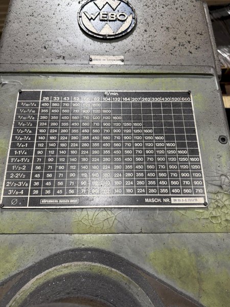 5' X 15" WEBO RADIAL ARM DRILL. STOCK # 0222126