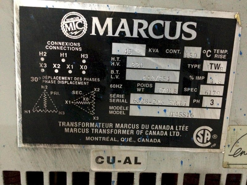 Isolation Transformer 45 KVA 600V/208 V/120 V