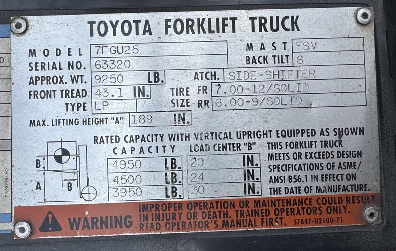 5000 Lb. Toyota Lift Truck, Pneumatic Tire, Triple Stage Mast, LP Gas, Side Shift