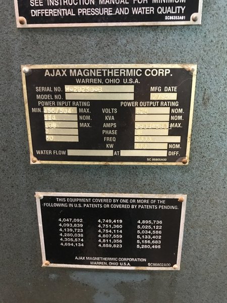 1995 AJAX  PACER S-10 POWER SUPPLY S/N M-2D250-B RATED AT 100KW, 3000 HZ. WITH WATER PUMPS