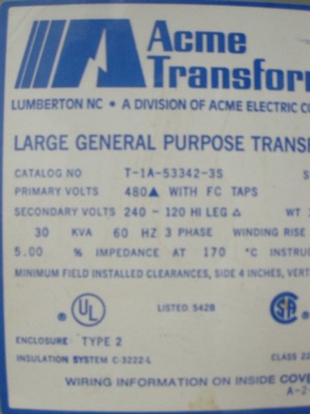 Acme 30 kVA Three Phase Transformer