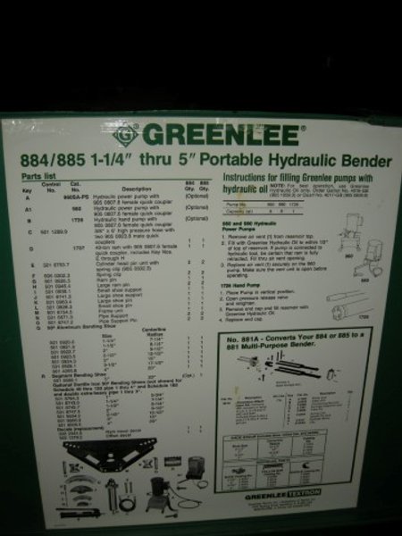 GreenLee 884/885  1-1/4&quot; - 5&quot; Portable Hydraulic Bender
