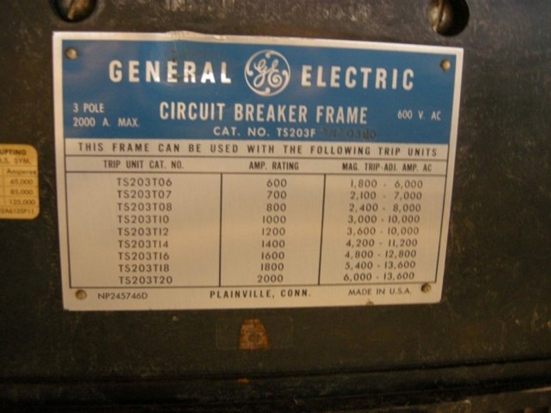 2000 Amp General Electric TS203F Circuit Breaker Frame
