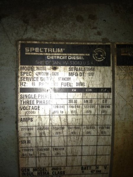 355 KW Detroit Diesel Generator Model 350DSE