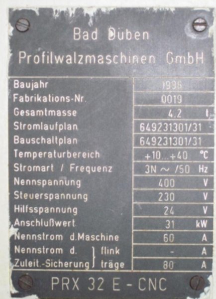Bad Duben Model PRX32E-CNC 2 Die Cylindrical Thread Roller 
