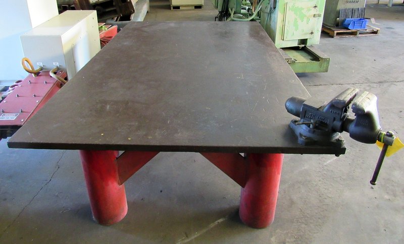 USED, 96&quot; X 60&quot; X 30&quot; HIGH HEAVY DUTY STEEL TABLE WITH VISE