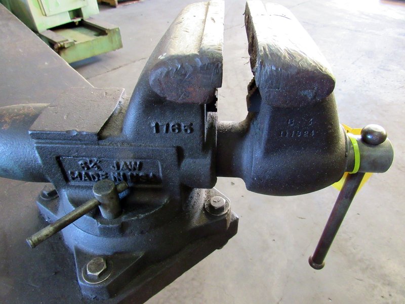 USED, 96&quot; X 60&quot; X 30&quot; HIGH HEAVY DUTY STEEL TABLE WITH VISE