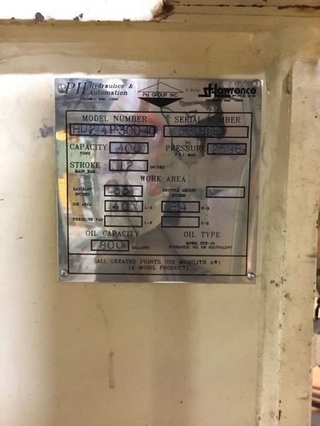 400 TON PH HYDRAULIC 4 POST PRESS, MODEL HD2-4P-300-40, 12" STR, 33" DLO, 81" LR X 60" FB BA