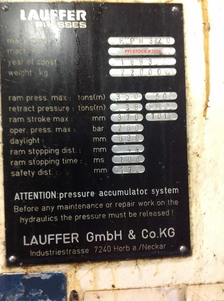 320 TON LAUFFER HYDRAULIC STRAIGHT SIDE PRESS, MODEL RPN 320, 14.5" STR, 24.8" DLO, 39" X 31" BA, 1993