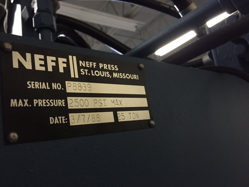 25 TON NEFF C-FRAME DOWN ACTING HYDRAULIC PRESS, 6" STR, 12" DLO, 8" THROAT, 22.5" LR X 12.5" FB BA, OPEN BACK FRAME, 1988