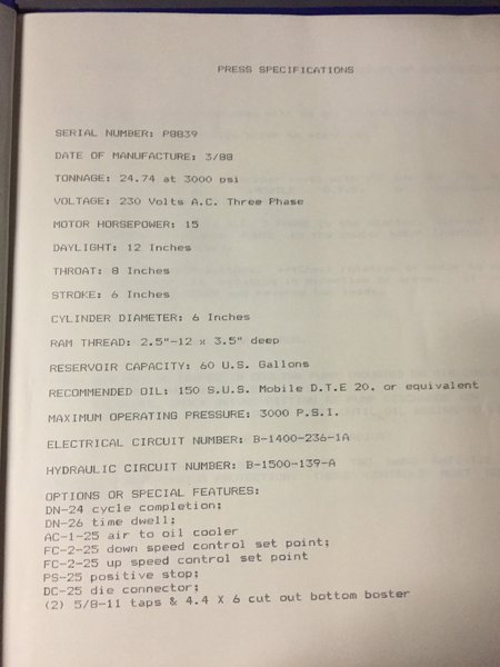 25 TON NEFF C-FRAME DOWN ACTING HYDRAULIC PRESS, 6" STR, 12" DLO, 8" THROAT, 22.5" LR X 12.5" FB BA, OPEN BACK FRAME, 1988