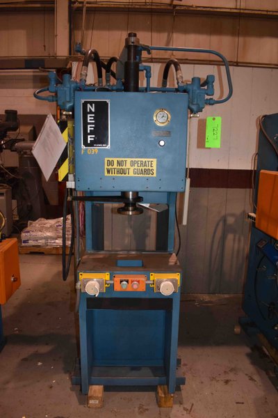 25 TON NEFF C-FRAME DOWN ACTING HYDRAULIC PRESS, 6" STR, 12" DLO, 8" THROAT, 22.5" LR X 12.5" FB BA, OPEN BACK FRAME, 1988