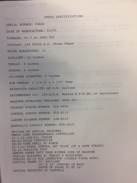 25 TON NEFF C-FRAME DOWN ACTING HYDRAULIC PRESS, 6" STR, 12" DLO, 8" THROAT, 23.5" LR X 13.5" FB BA, OPEN BACK FRAME, 1994