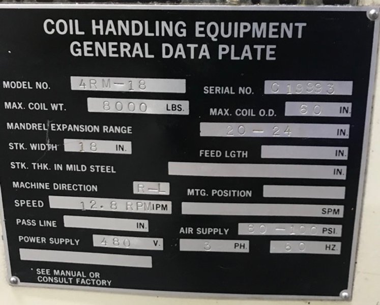 8,000 LBS X 18" WIDE COOPER WEYMOUTH PETERSON REEL, MODEL 4RM-18, SINGLE MANDREL, HOLD DOWN ARM
