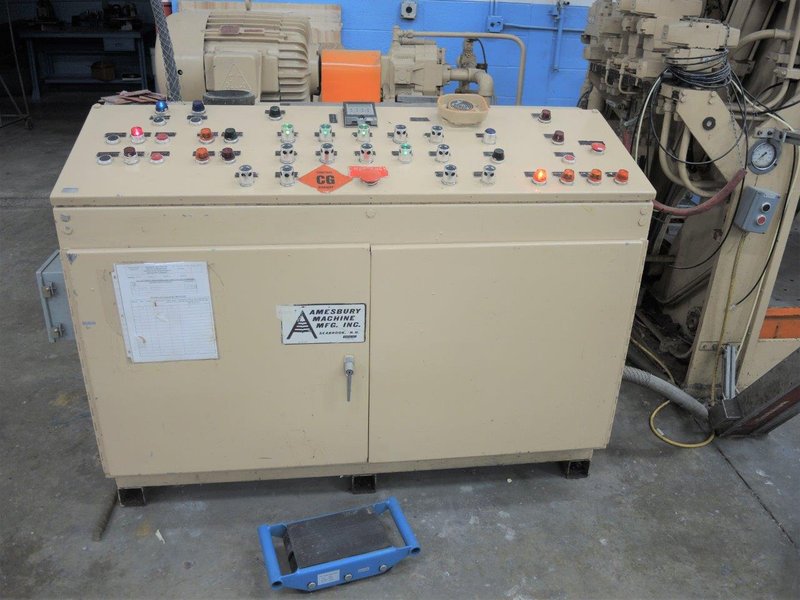 75 TON AMMI HYDRAULIC PRESS, 34" STR, 68" DLO, 81" LR X 42" FB BA, TILT DOWN RAM, TILT UP BOLSTER, FLOOR STANDING