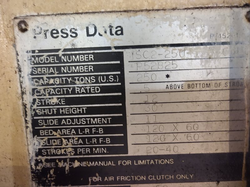 250 TON NIAGARA STRAIGHT SIDE DOUBLE CRANK PRESS, MODEL SC2-250, 12" STR, 30" SH, 11" ADJ, 120" LR X 60" FB BA, 20-40 SPM VARI, (3) 34 T CUSHIONS, 1988, Updated Controls