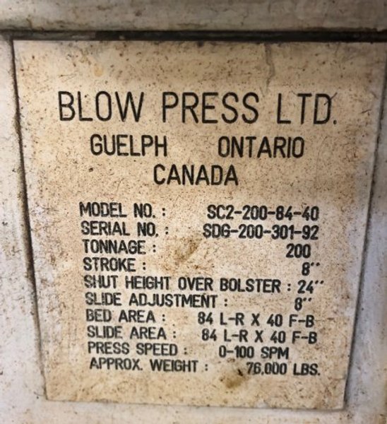 200 Ton Blow SC2-200-84-40 Straight Side Mechanical Metal Stamping Press For Sale, New 1992