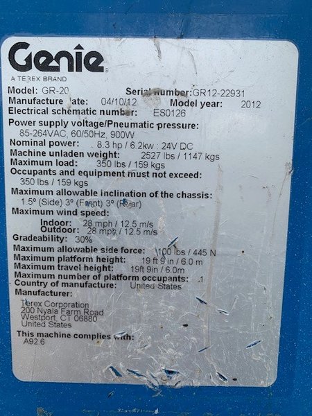 1 - PREOWNED GENIE MANLIFT, MODEL #: GR-20, S/N: GR12-22931, YEAR: 2012