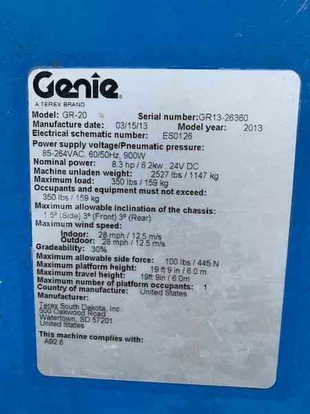 1 - PREOWNED GENIE MANLIFT, MODEL #: GR-20, S/N: GR13-26360, YEAR: 2013