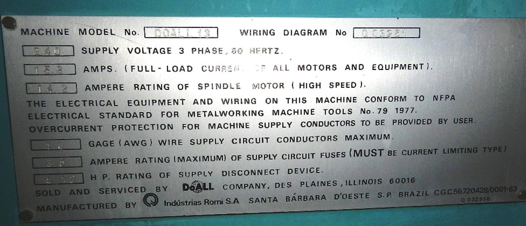 13” X 40” DOALL-ROMI ENGINE LATHE, MODEL 1340