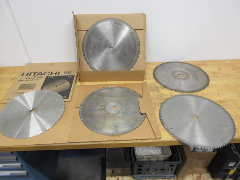 Cut-Off Saw Blades (4pcs) Carbide Tipped Nap Gladu, Leuco and Other 16" x 1" **Used But Still Sharp**, (1pc) Hitachi 15" x 1" Wood Miter Saw Blade **Looks Unused**- Auction Item