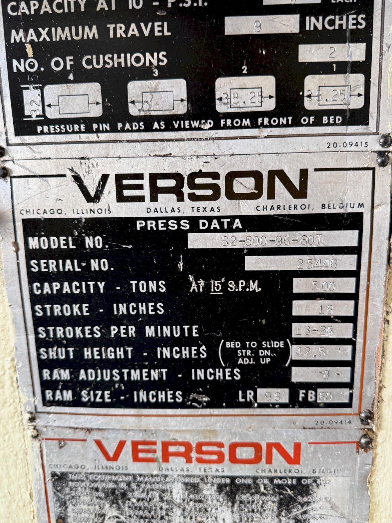 500 ton Verson S2-500-96-60T Straight Side Mechanical Stamping Press For Sale