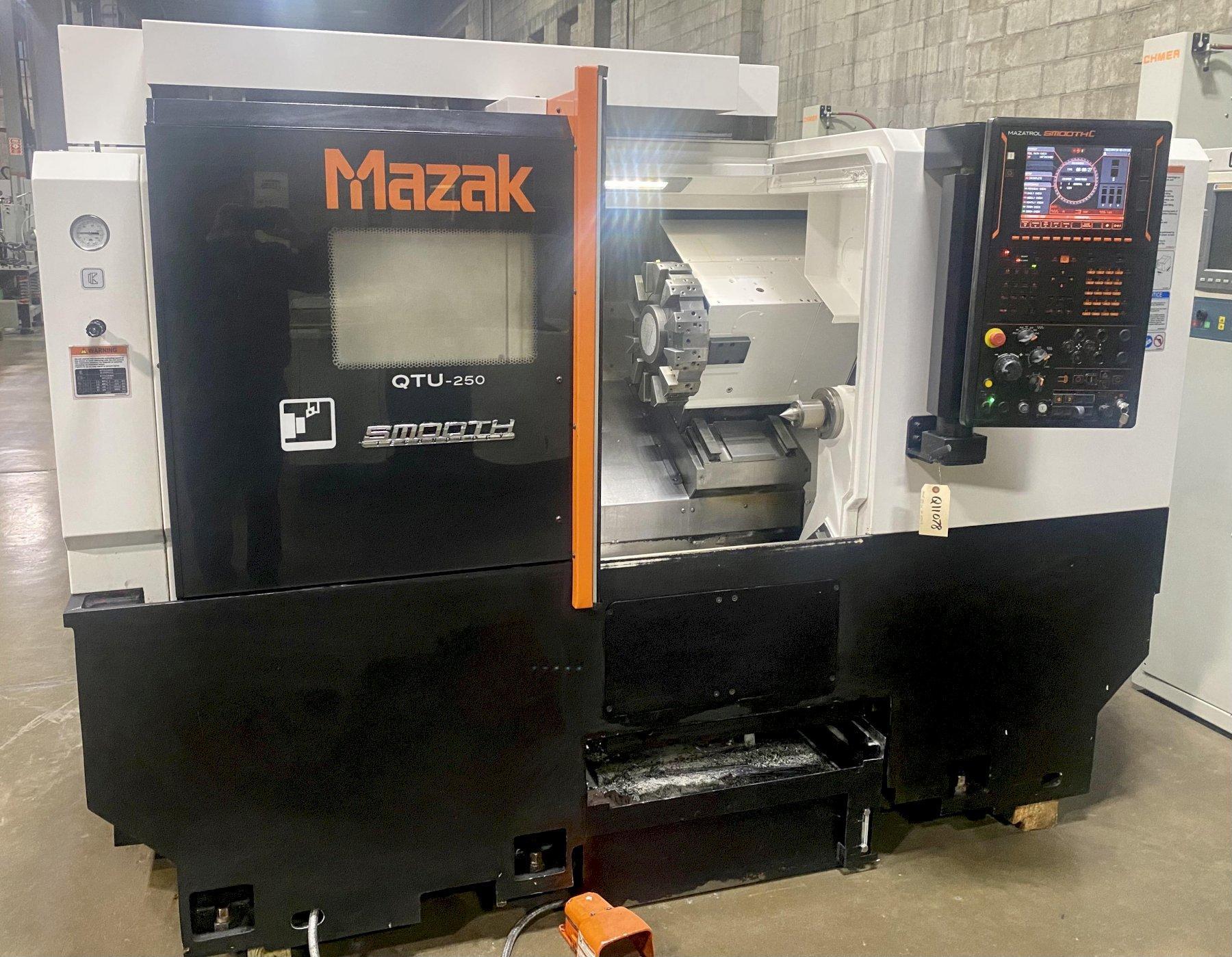 MAZAK QTU-250 CNC TURNING CENTER, Mazatrol Smooth CNC Control, 8" 3-Jaw Chuck, 27" Swing, 24" Between Centers, 2" Bar Capacity, 20 HP Spindle, 4500 RPM, 12-Position Turret, Tool Setter, Auto Door, Chip Conveyor, New 2017.