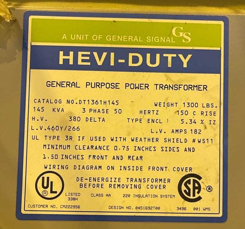 Transformer, General Signal, 145 KVA