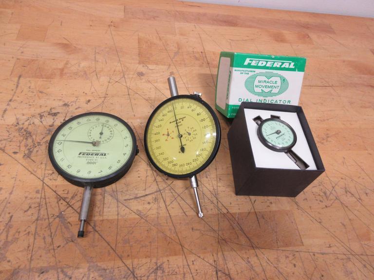 Dial Travel Indicators (3pcs) , (1) Federal 3" Face 1/2" Travel .0001" Res, (1) Brown & Sharpe 3" Face 1" Travel .002mm Res, (1) Federal 1" Face .0005" Res .09" Travel- Auction Item