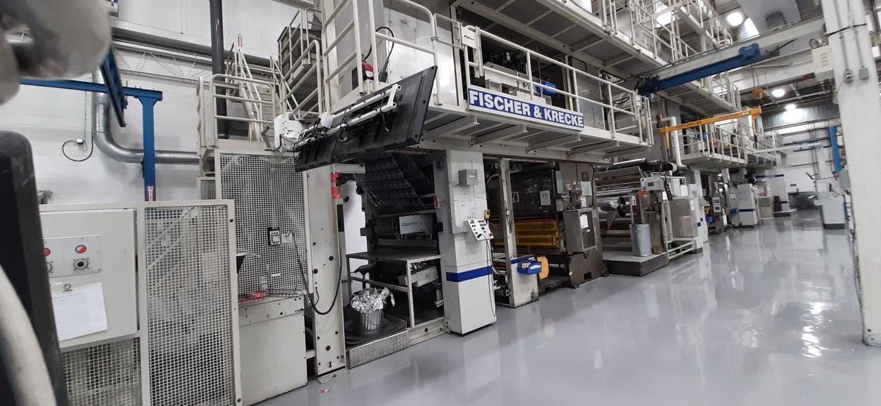 55″ Fischer & Krecke Flexpress 16S – 8-Color CI Flexographic Printing Press w/ Laminator, Gravure, Flying Splice Unwinds/Rewind