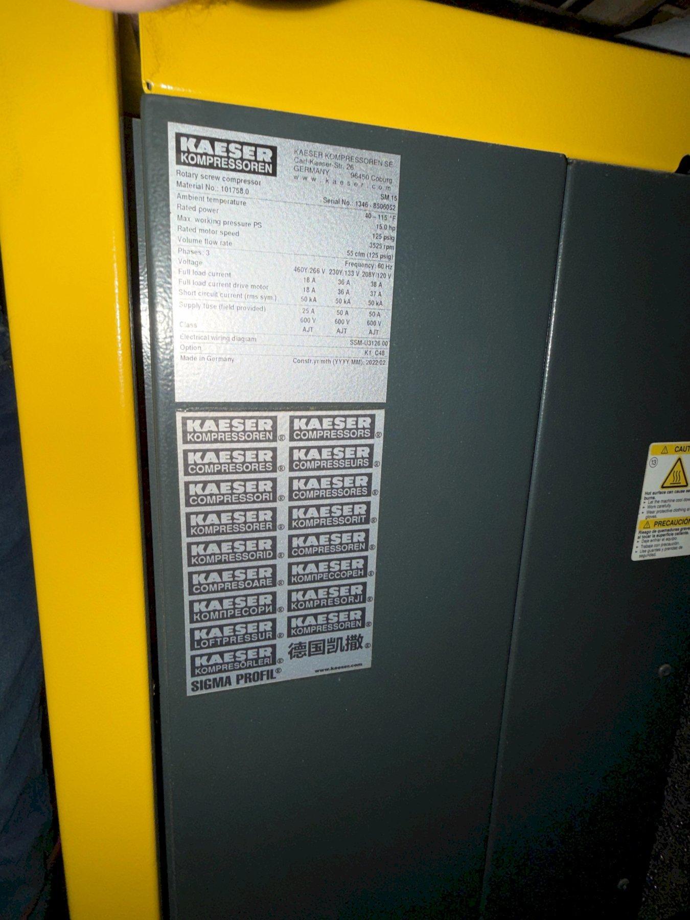 1 - PREOWNED 2022 KAESER ROTARY SCREW AIR COMPRESSOR, MODEL #: SM15