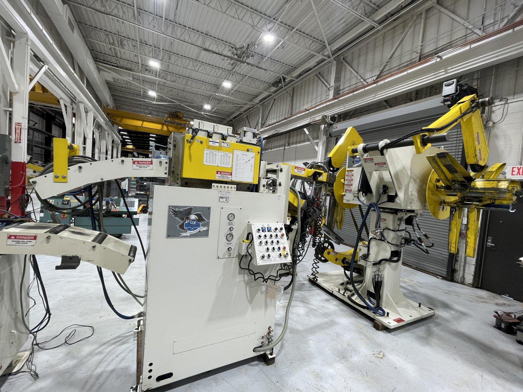 6,000 x 12" Coe Press Equipment High Strength Steel Coil Feed Line with Double End Reel, Powered Straightener, and Combination Servo Feed Straightener, Year 2015
