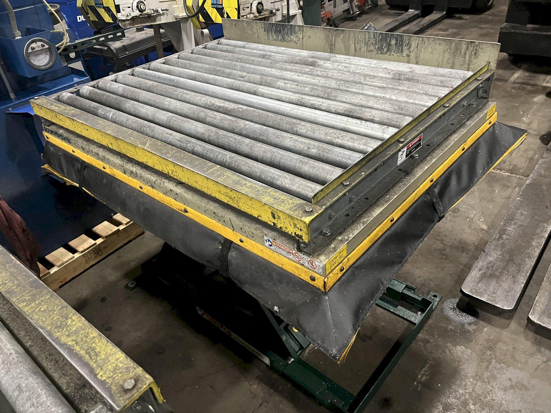 2,000 LB. SOUTHWORTH LIFT TABLE, MODEL LS2-36, 48 X 36 PLATFORM, GRAVITY CONVEYOR ROLL TOP