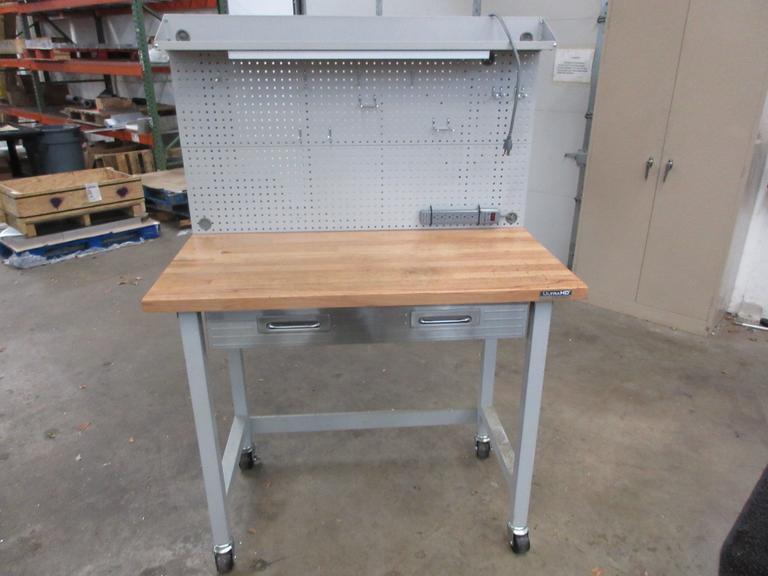 Portable Work Bench with Maple Top, Upper Shelf, Drawer, Work light- Auction Item