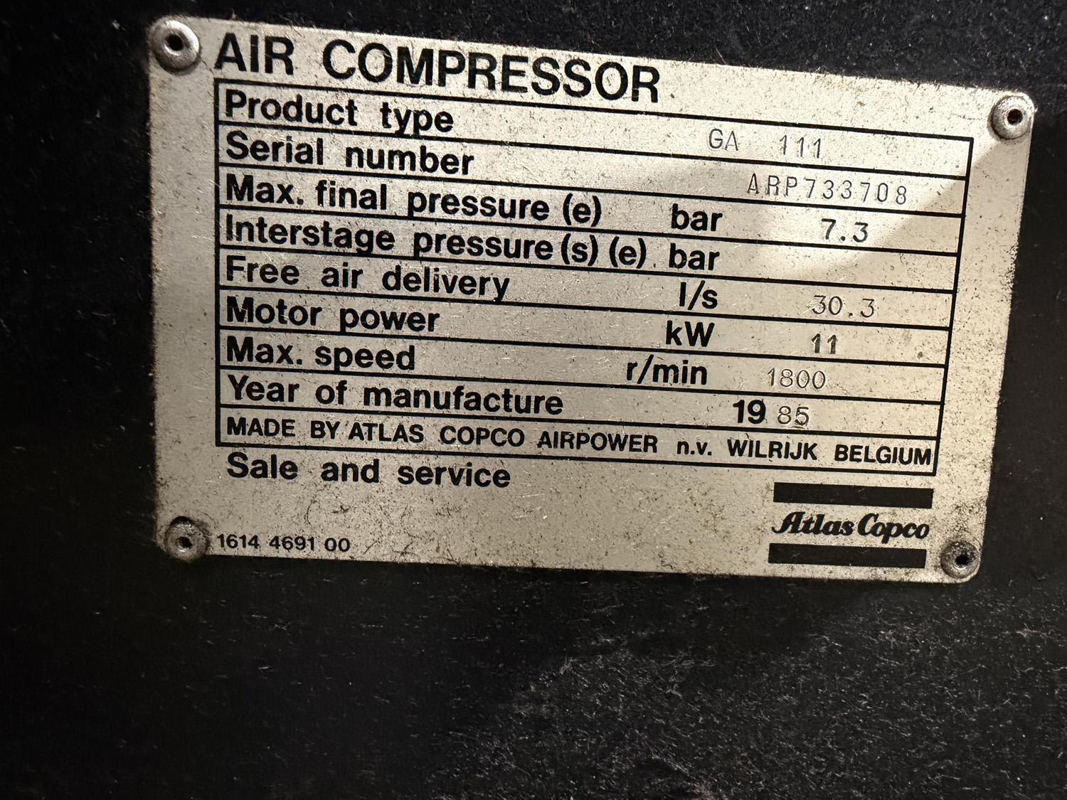 Atlas Copco 15 HP Rotary Screw Air Compressor