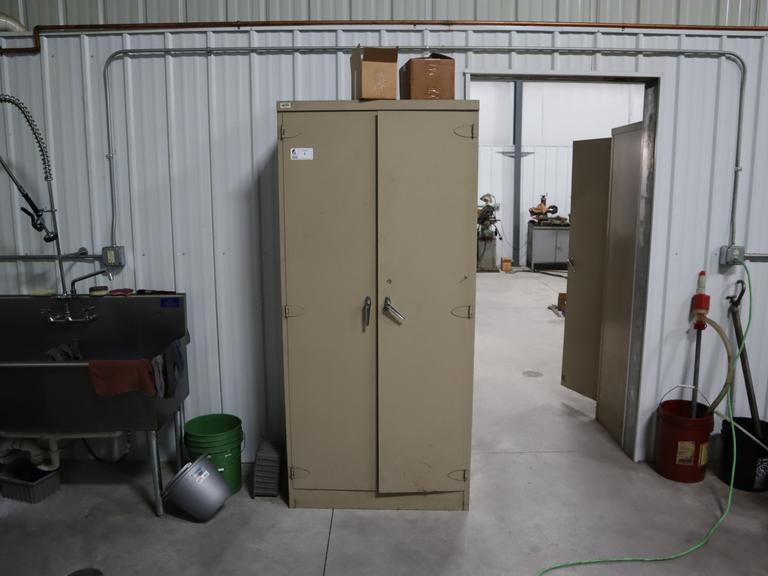 Metal Cabinet with Contents - Cleaning Supplies, Compressor Oil and More- Auction Item