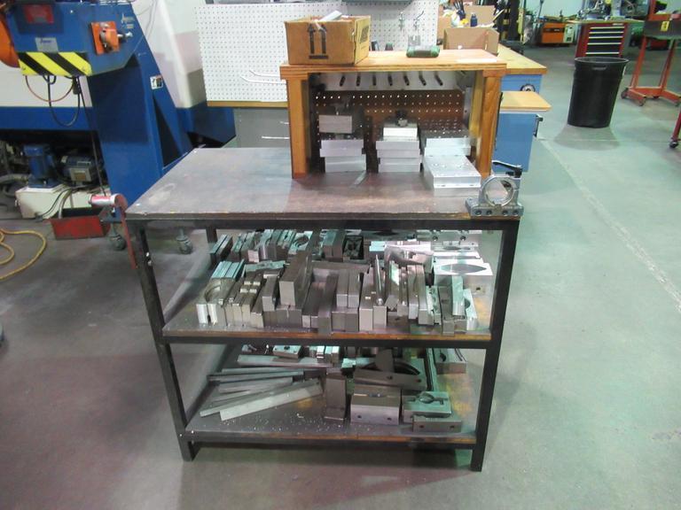 Work Table with 40 Taper Tool Vise and Contents including Large Assortment of Aluminum Vise Jaws- Auction Item