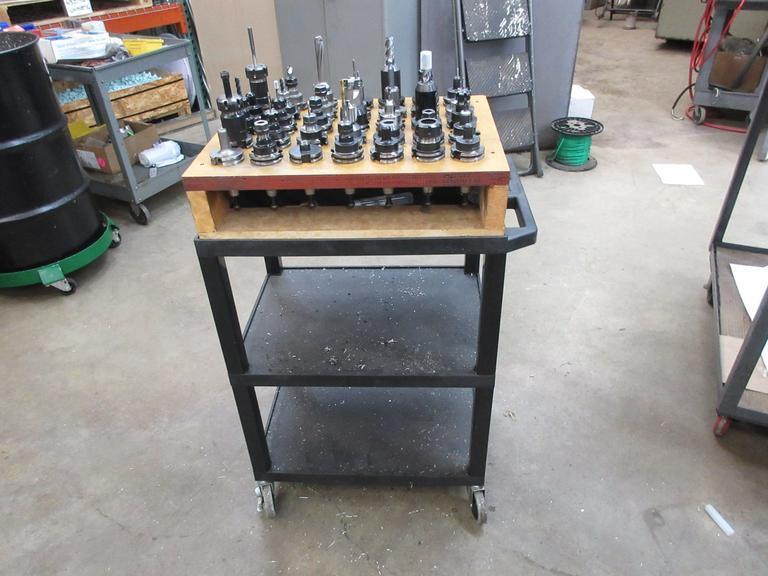 CAT40 Tool Holders (35) Assorted in Wood Rack Mounted on Uline Plastic Rolling 3 Shelf Cart- Auction Item