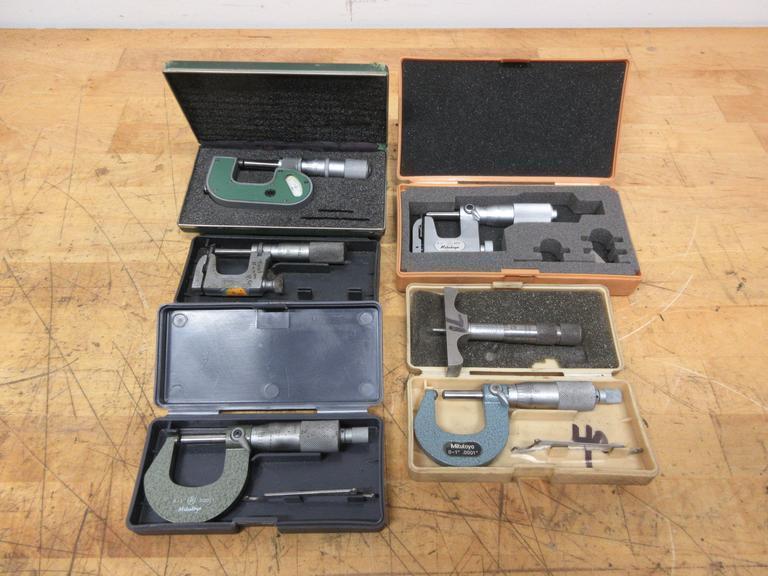 Micrometers | (2) Mitutoyo 0-1" Wall Mics, (1) Mitutoyo (1) Starrett 0-1" Wall Mic, (1) Lufkin 0-1" Pressure Mic, Brown & Sharpe 0-1" Depth Mic- Auction Item