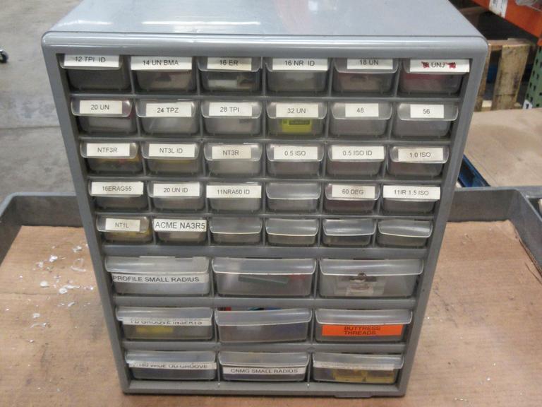 Carbide Lathe Turning Inserts, Many New, Lots of Types in Plastic Multi Bin Organizer- Auction Item