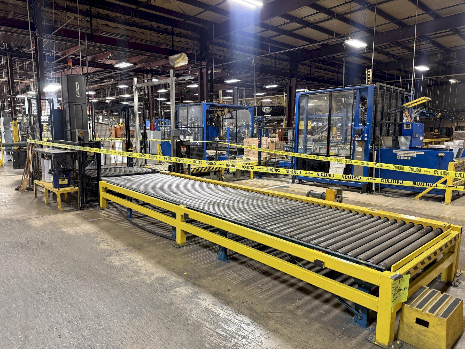 50" x 48" x 92" HIGH LANTECH QL AUTOMATIC SHRINK WRAPPER WITH IN-FEED & OUT-FEED CONEYOR. STOCK # 0980426