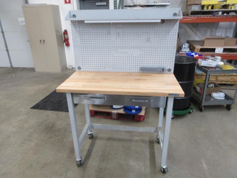 Portable Work Bench with Maple Top, Upper Shelf, Drawer, Work light- Auction Item