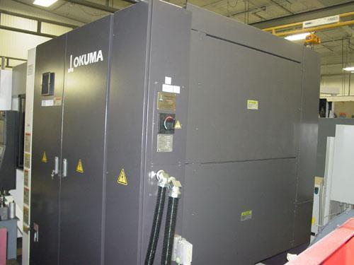OKUMA MB-4000H CNC HORIZONTAL MACHINING CENTER, OSP -P300M CNC Control, X=22.05", Y=22.05", Z=24.61", Cat-40 Taper, 22 HP, 15000 Max Spindle RPM, ATC, Chip Conveyor, Coolant System, New 2013.